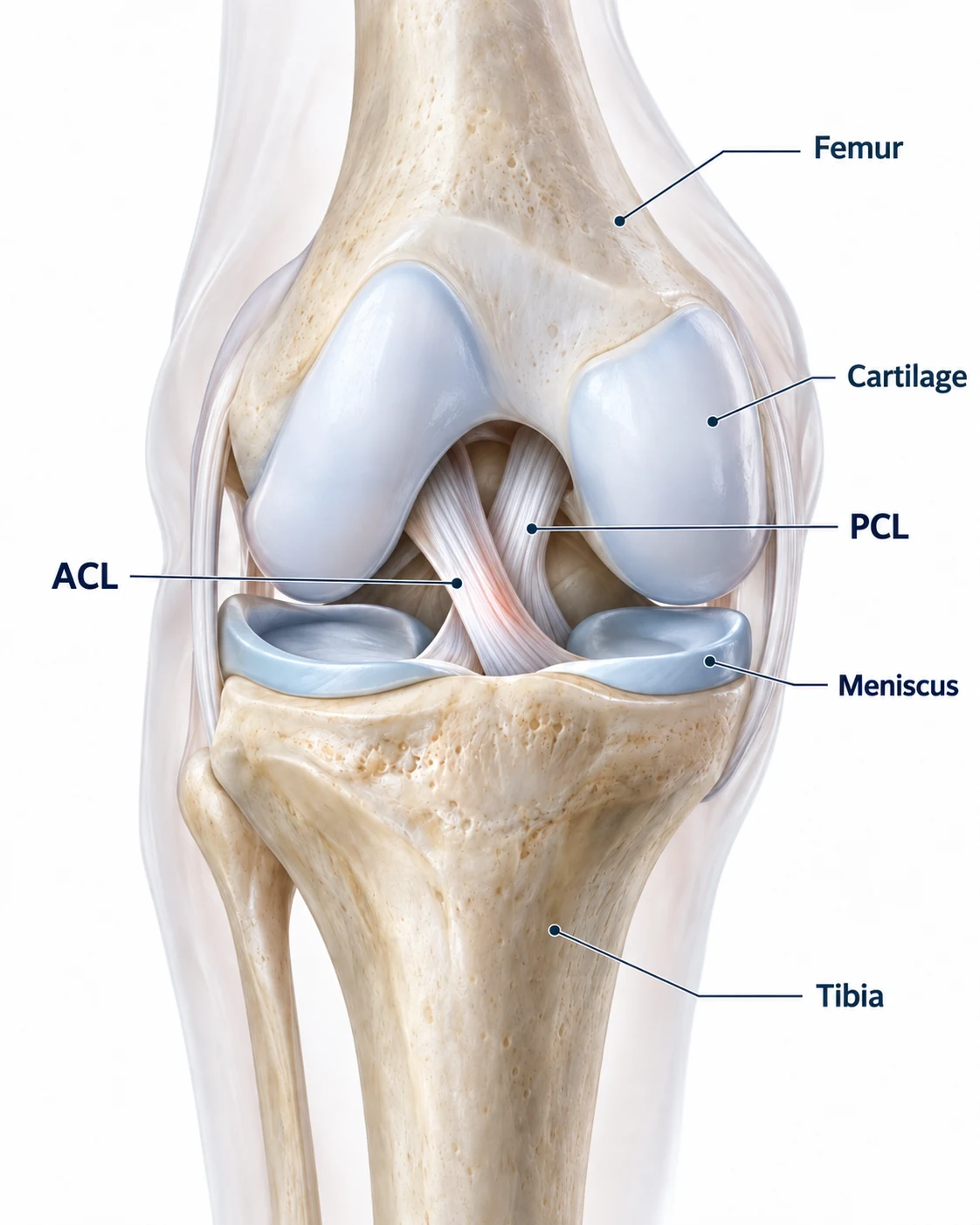 3D knee anatomy showing ACL, PCL, meniscus, cartilage, femur and tibia